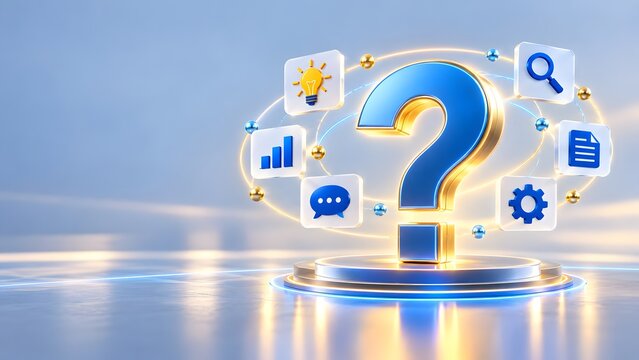 Question mark symbol surrounded by glowing digital icons representing problem solving research information search and technical support concept