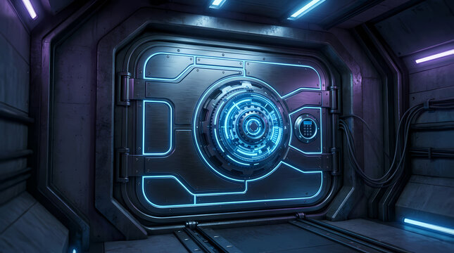 Futuristic Heavy Metal Security Vault Door With Glowing Blue Light Patterns Inside A Dark Corridor Designed For Advanced Science Fiction Technology Research Facilities Exploring Deep Space