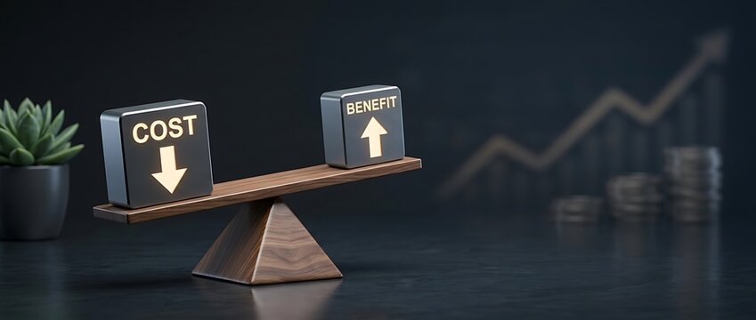 Conceptual representation of cost benefit analysis showing lower expenses and higher gains on a wooden balance scale with a blurred financial growth chart background.