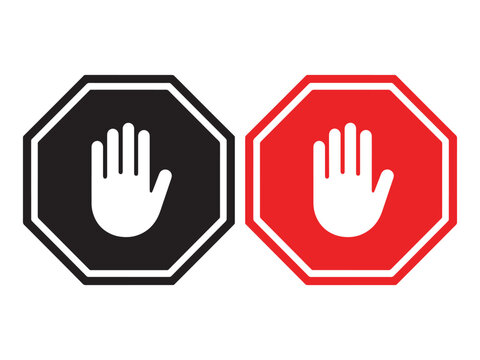 Stop hand sign icons with black and red outline frames for security protection and forbidden control.