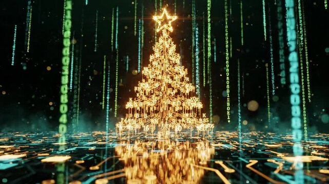 Digital Christmas tree made of binary code against green matrix background, symbolizing technology and holiday celebration in cyberspace.