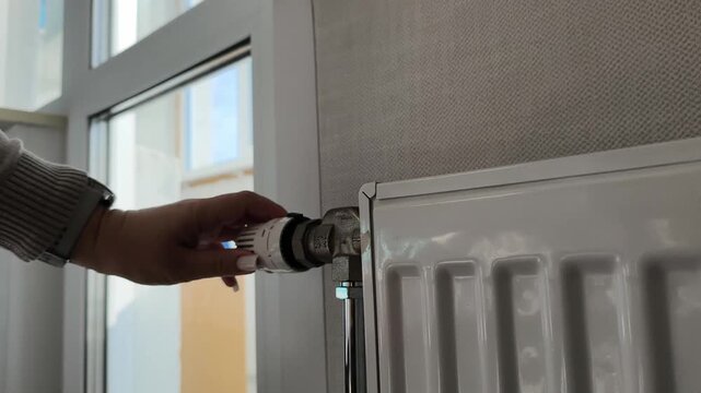 Adjusting the radiator temperature a hand wearing a watch adjusts the thermostatic valve. Heating season, turning on the heat, cold time of year.