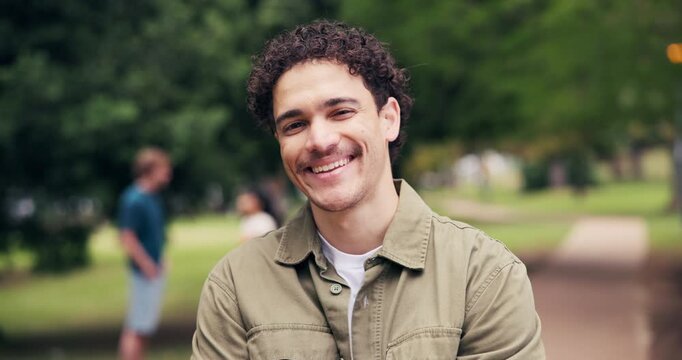 Face, man and student at campus for education, new semester and ecology study for climate change. Portrait, smile and person in nature for university excursion, sustainable learning and ESG course