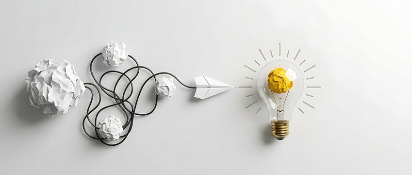 Conceptual image of creative thinking process showing crumpled paper balls connected by tangled wire leading to a paper airplane flying towards a light bulb for innovation and problem solving.