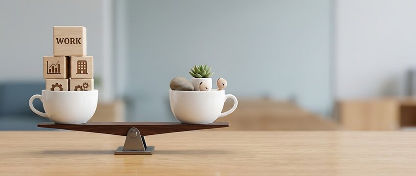 Conceptual Image of Work Life Balance Represented by a Wooden Seesaw Balancing a Cup with Work Related Blocks and Icons Against a Cup with a Small Plant and Zen Stones on a Wooden Table Surface