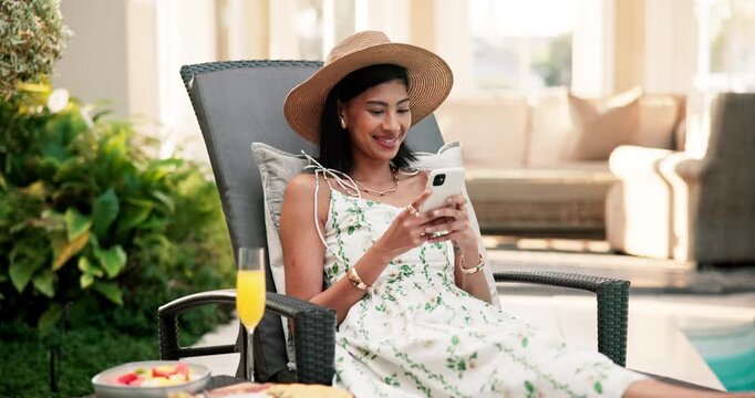 Happy, woman and phone at resort for travel, booking and social media post for critic reviews. Smile, person and tourist at retreat with mobile, guest opinion and itinerary information on vacation