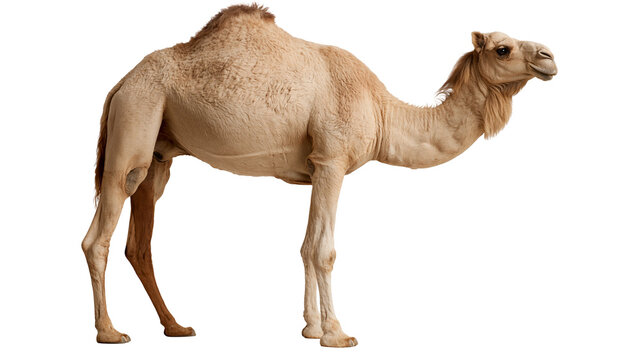 Full body side view of a light brown dromedary camel standing
