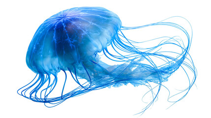 Glowing blue jellyfish with long flowing tentacles and translucent bell © Stefan