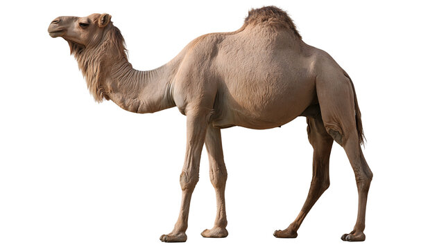 Full body side profile of a single humped dromedary camel standing