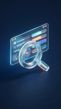 ​Transparent glass magnifying glass focusing on glowing digital user interface dashboard with charts and analytics on dark background