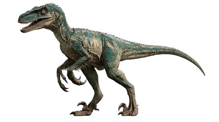 Green and brown feathered velociraptor dinosaur with sharp claws and open mouth © Stefan