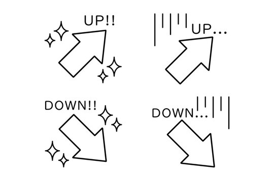 キラキラとショック線とアップとダウンの文字が施された矢印のセット素材