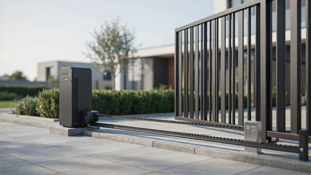 Modern sliding gate automatic motor mechanism operating on a residential driveway in daylight. Smart home security concept for real estate marketing.