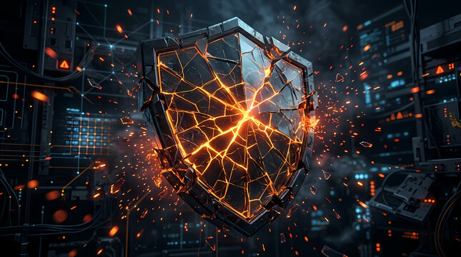 Broken digital shield representing cyber attack impact with glowing orange cracks and particle effects floating in a dark server room atmosphere to visualize information security breaches and