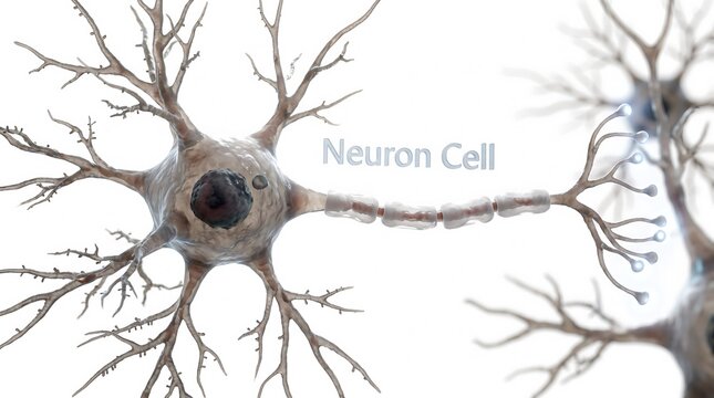 Educational illustration of a human neuron cell showing axons and dendrites