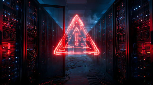 A glowing red warning sign floats in the center of a dark technology server room hallway indicating a major system failure or critical security breach happening within the hardware