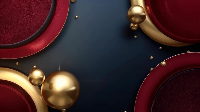 Burgundy Gold Rings and Sphere on Navy Background, Elegant Abstract Art with Polished Metal