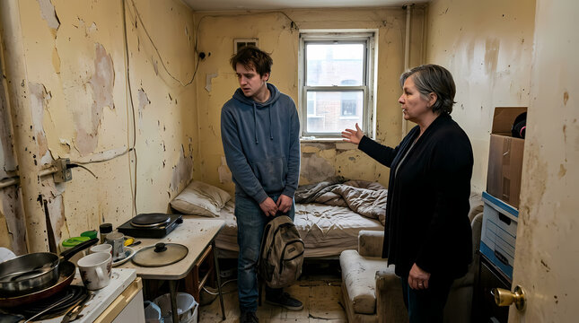 A mature female landlord shows a young man a rented room inside a neglected apartment unit that features damaged walls and furniture as they discuss living conditions during a scheduled