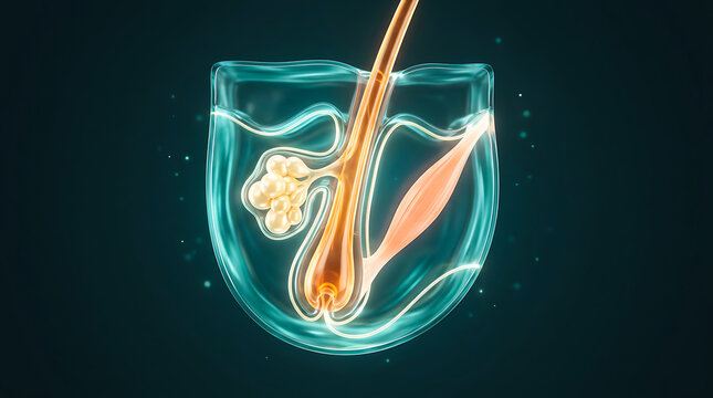 Anatomical cross section of a hair follicle showing sebaceous gland and muscle