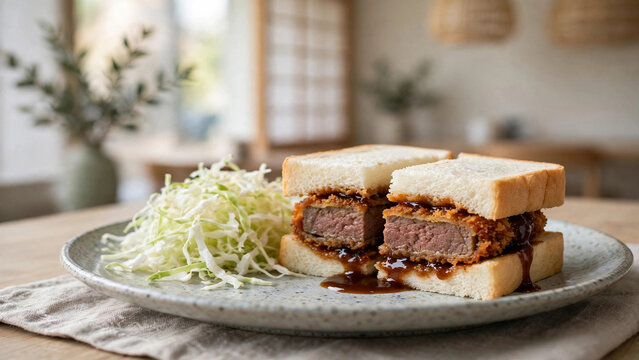 Japanese beef katsu sando sandwich with tonkatsu sauce in Tokyo