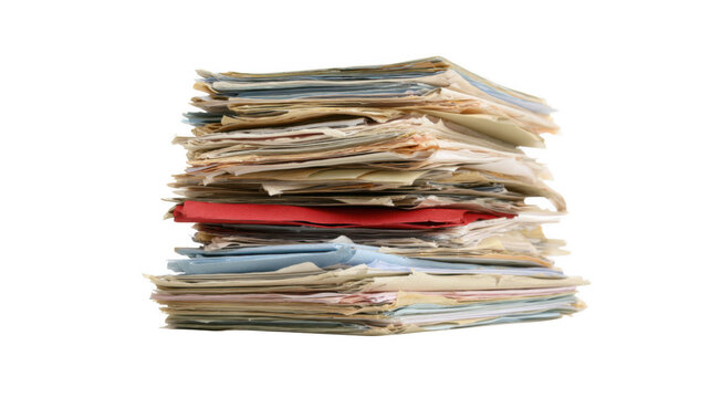 Tall stack of old documents with red file folder for office administration concept.isolated on transparent background