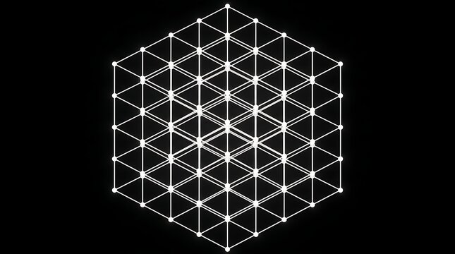 Geometric 3D wireframe cube with glowing nodes, abstract white network grid on black background, futuristic mathematical data visualization