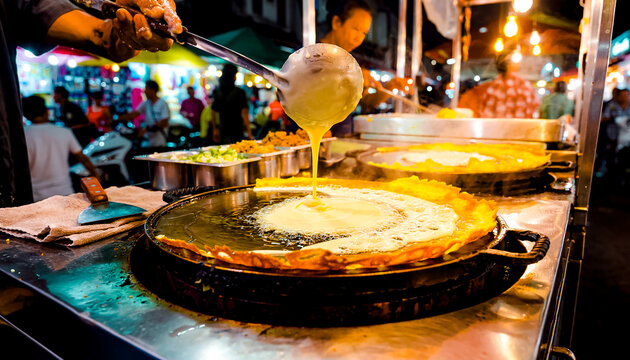 Street vendor pouring egg batter on hot flat pan cooking crispy martabak at night market