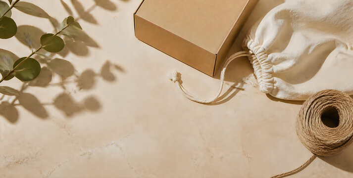 Cardboard shipping box with cotton pouch and twine on a beige surface