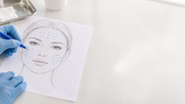 Close-up of medical professional marking injection points on female face drawing for treatment planning