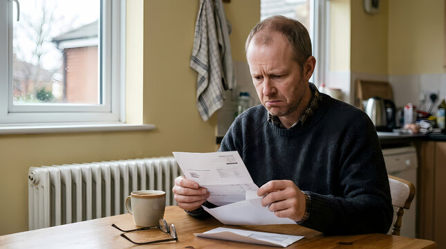 A mature man sits at a wooden table in his kitchen reading financial documents and bank statements with a look of worry while trying to manage household expenses during a difficult economic