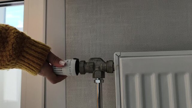 Adjusting the radiator temperature a hand in a yellow sweater adjusts the thermostatic valve. Heating season, turning on the heat, cold time of year