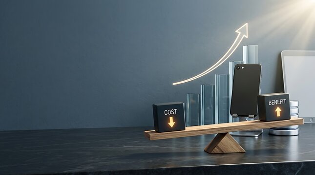 Cost and Benefit analysis on a wooden scale with a glowing growth arrow and digital devices in the background representing business strategy and financial profit optimization in modern office.