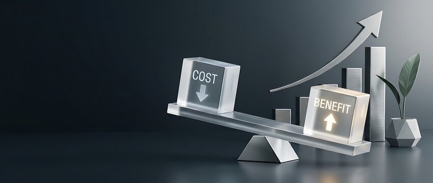 Cost Benefit Analysis Concept with Crystal Blocks on a Seesaw Scale Balancing Expense Reduction and Profit Gain Over a Growing Financial Bar Chart and Dark Background for Business Strategy Success