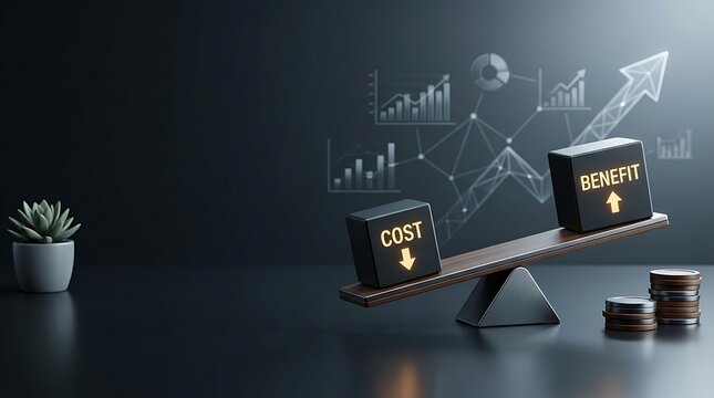 Cost Benefit Analysis Concept with Seesaw Balancing Glowing Blocks of Low Costs and High Benefits Over Financial Charts and Data Analysis Background for Business Strategy and Profit Growth