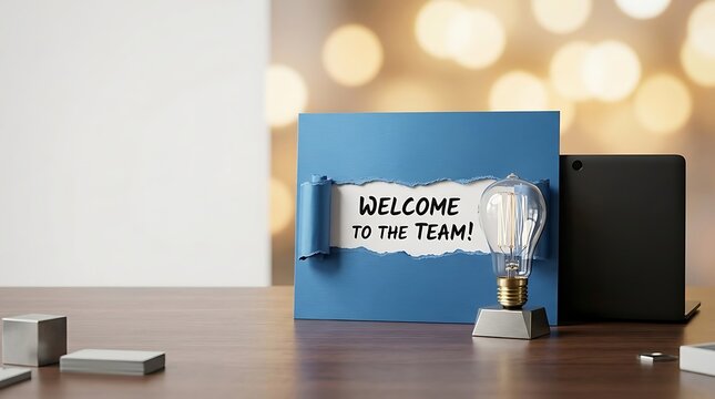 Creative New Employee Welcome Concept with Welcome to the Team Message Revealed Through Blue Torn Paper on a Wooden Desk with an Incandescent Light Bulb and Modern Office Background
