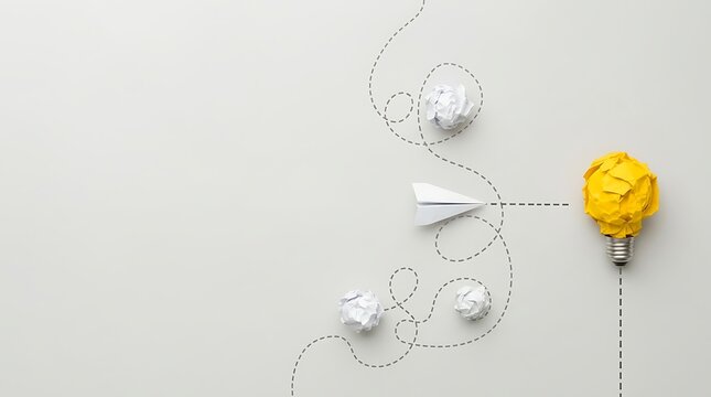 Creative Thinking and Business Innovation Concept Featuring a Yellow Crumpled Paper Lightbulb, White Paper Plane Following a Path, and Failed Attempts on a Grey Background with Copy Space