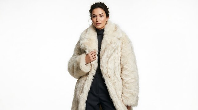 Elegant woman wearing a luxurious cream fur coat over a black outfit, posing in a clean white studio for a sophisticated winter fashion portrait.