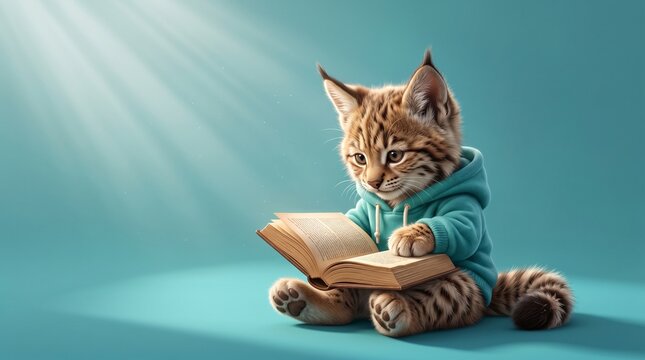 cute fluffy cat reading an open book on turquoise background