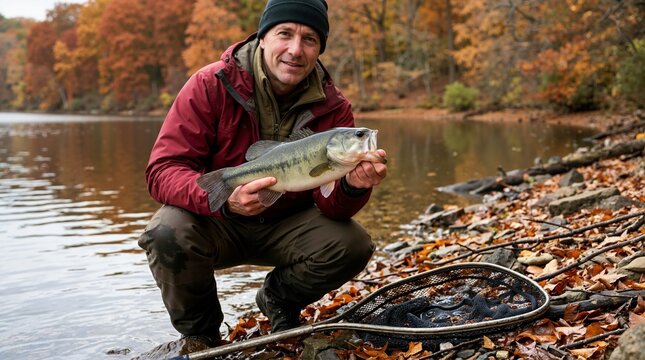 Fisherman holding caught bass fish on lake shore during autumn. Angler kneeling with largemouth bass and landing net by water