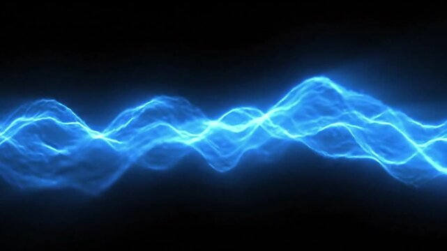 Abstract glowing blue energy wave flowing through dark space with ethereal light particles and motion blur