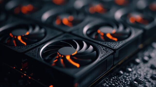 Close-up of high-performance computer cooling fans with orange glow