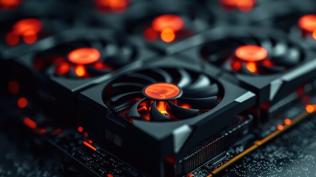 High-Performance GPU Mining Farm with Glowing Cooling Fans
