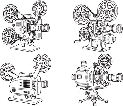 Retro cinema projector set, 4 vintage film projector vector icons, antique motion picture equipment line art for movie theater branding and history.