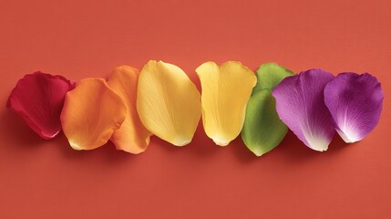 Fototapeta premium Colorful rose petals arranged in a rainbow gradient on a textured orange background.
