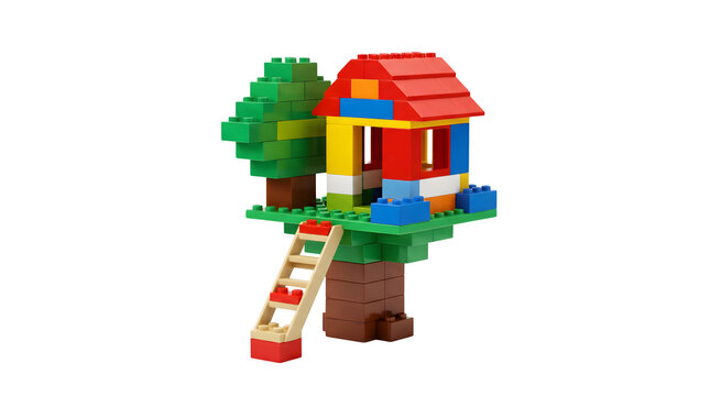 Colorful plastic building blocks treehouse model, toy brick tree house object, creative construction play concept isolated on white background