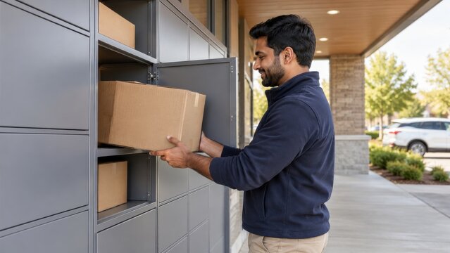 Man picks up a package from a parcel locker outside a building during daytime