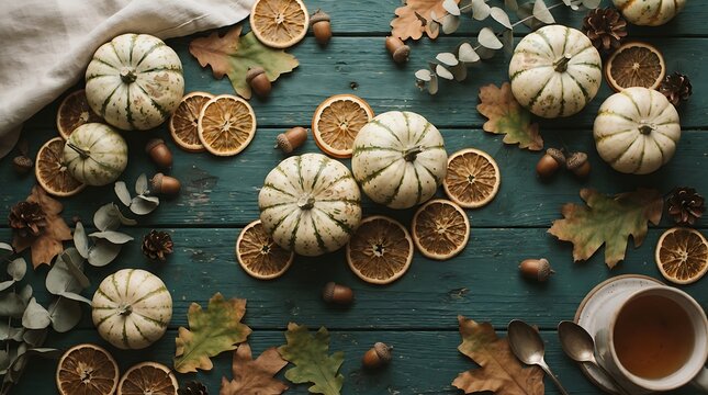 Autumn flat lay featuring white pumpkins fall leaves and a steaming mug of coffee
