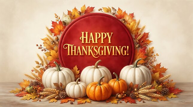 Festive thanksgiving day greeting with pumpkins and autumn leaves in warm tones