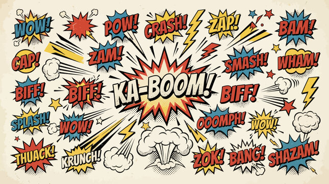 A collection of vintage comic book sound effects and explosion graphics, featuring words like KA-BOOM, POW, ZAP, and BAM in a retro style.