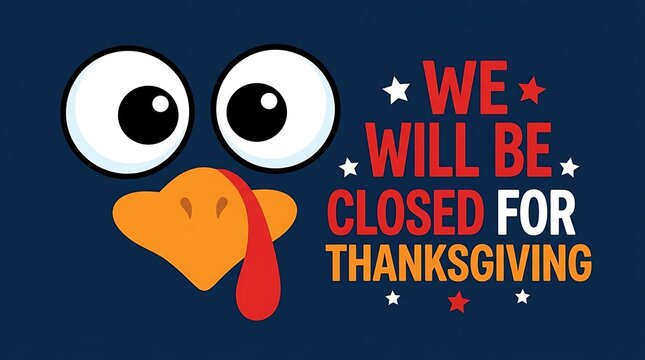 Cute cartoon turkey announces business closure for the thanksgiving holiday celebration